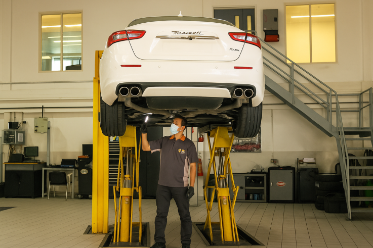 A mechanic performing professional Maserati service, inspecting the undercarriage of a Maserati on a hydraulic lift in Dubai.